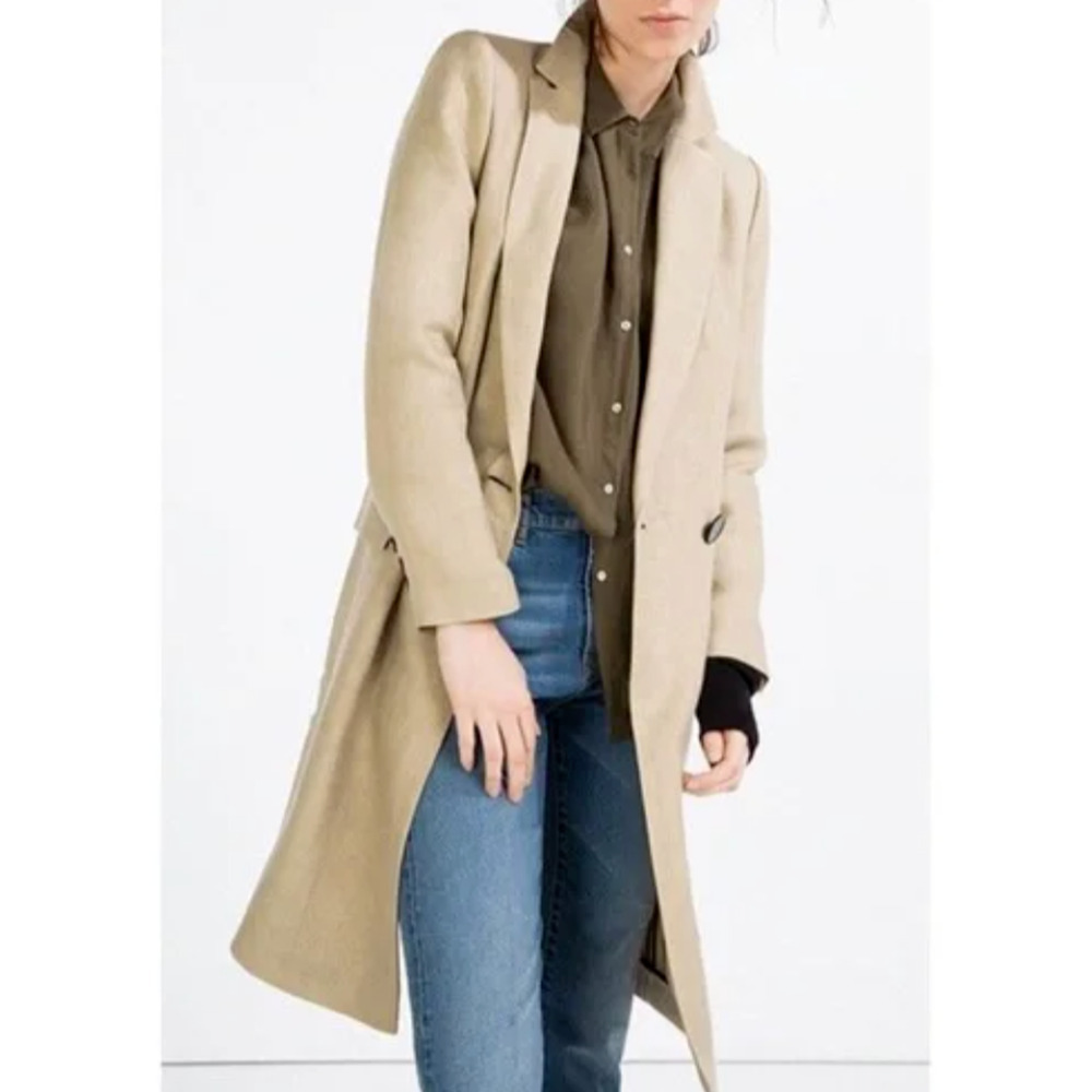 Zara Women's Beige/ Tag Linen Double Breasted Trench Coat Jacket Size Medium
